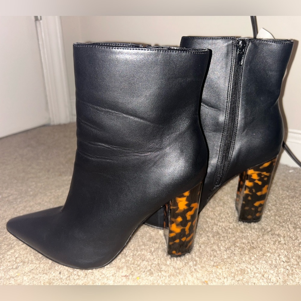 Black Bootie with Tortoise Print Block Heel